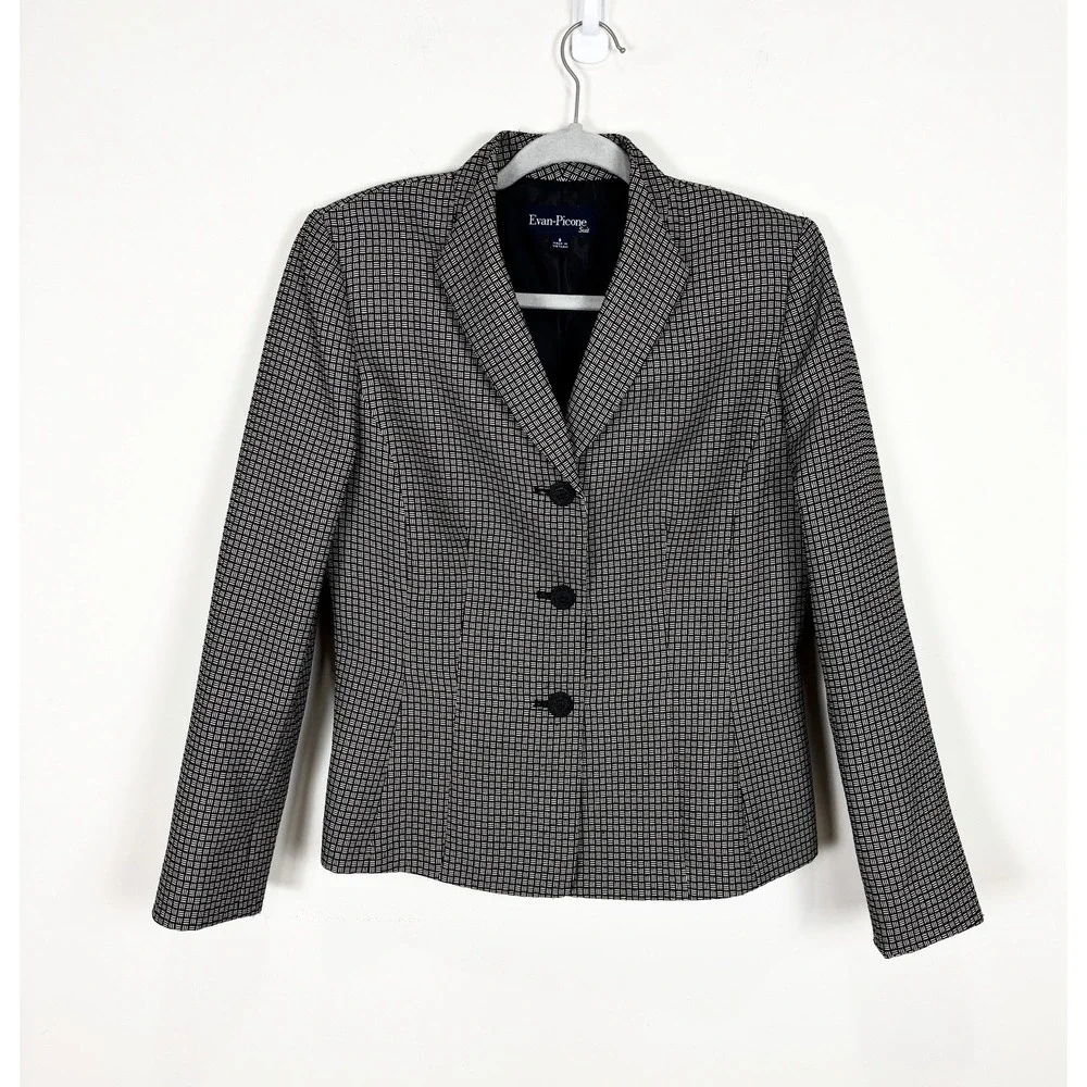 Evan Picone Black And White Geometric Pattern Womens 8 -3 Button Blazer